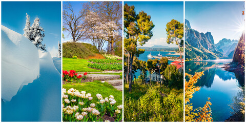 Poster - Collage of four seasons landscapes. Set of vertical pictures of nature background arranged in panoramic view. Wonderful outdoor scene of majestic mountains, green meadows and blooming flowers.