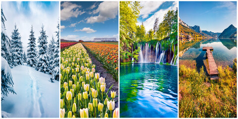 Poster - Collage of four seasons landscapes. Set of vertical pictures of nature background arranged in panoramic view. Wonderful outdoor scene of majestic mountains, green meadows and blooming flowers.