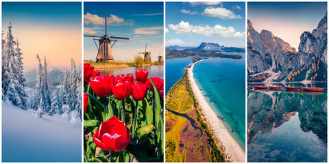 Fototapete - Collage of four seasons landscapes. Set of vertical pictures of nature background arranged in panoramic view. Wonderful outdoor scene of majestic mountains, green meadows and blooming flowers.