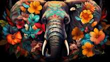 Elephant Head With Trunk Decorated With Colorful Flowers Isolated On Black Background 