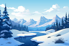 Landscape Of A Winter Lake, Mountains And Forest. Beautiful Winter Lake Against The Background Of Forest, Snowdrifts, High Mountains, Blue Sky And Large Clouds.