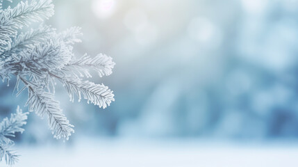 Canvas Print - snow-covered spruce close-up against the background of a winter forest. Christmas card. Generative Ai