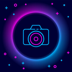 Poster - Glowing neon line Photo camera icon isolated on black background. Foto camera icon. Colorful outline concept. Vector