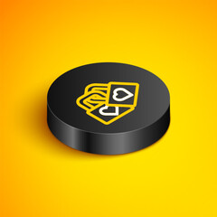 Sticker - Isometric line Lock with heart icon isolated on yellow background. Locked Heart. Love symbol and keyhole sign. Valentines day symbol. Black circle button. Vector