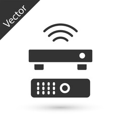 Poster - Grey Wireless multimedia and TV box receiver and player with remote controller icon isolated on white background. Vector
