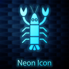 Wall Mural - Glowing neon Lobster icon isolated on brick wall background. Vector.