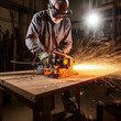 © mindstorm - metal saw cutting beam with sparks flying.