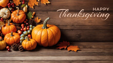 Festive Autumn Pumpkin Leaf And Fruit Border Of Happy Thanksgiving Day Text