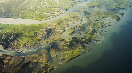 Wall Mural - Mississippi River Delta, aerial view, contrasting muddy and clear waters, visible sedimentation, top - down shot