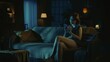 © kinomaster - Young woman sitting alone on the couch in the dark cozy room. Holding smartphone, reading social media, watching video.