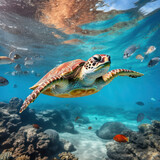 Fototapeta Do akwarium - sea turtle swimming in clear ocean waters.