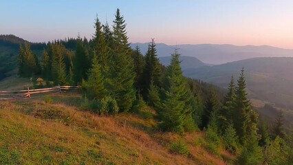Wall Mural - Tourist camping on the top of mountain hill, Krynta mountain location. Fantastic summer sunrise in Carpathian mountains, Ukraine, Europe. Beauty of nature concept background..