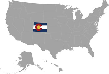 Poster - Map of US federal state of Colorado with state flag within gray map of United States of America