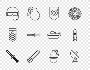 Poster - Set line Military knife, Radar, Chevron, Rocket, helmet, Hand grenade and Biohazard rocket icon. Vector