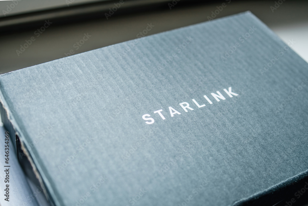 Frankfurt, Germany - 28 Jul 2023: Close-up of Starlink logotype on the ...