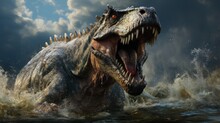 Tyrannosaurus Rex Roaring In The Water. Hunting Angry T-Rex With A Growl. Concept Art Of A Mad Ancient Scary Reptile In The Sea. T-Rex Causes Chaos In The Ocean. 3D Render Of An Angry Dinosaur.