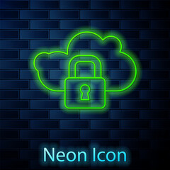 Poster - Glowing neon line Cloud computing lock icon isolated on brick wall background. Security, safety, protection concept. Protection of personal data. Vector