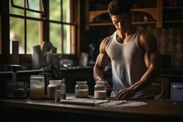 Sporty man make home protein shake. Generate Ai