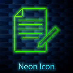 Poster - glowing neon line document and pen icon isolated on brick wall background. file icon. checklist icon