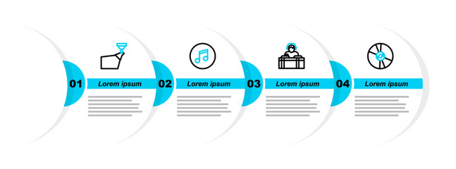 Poster - set line cd or dvd disk, dj playing music, music note, tone and movie spotlight icon. vector