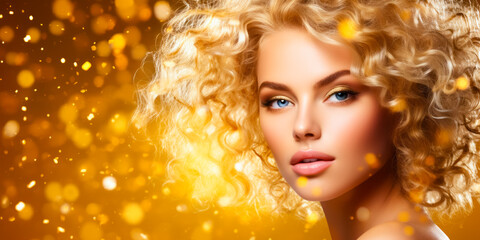 beauty blond young woman with curly hair on golden glitter background. hairstyle concept. free space