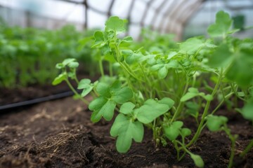 Poster - closeup of a green vine growing from the soil in a greenhouse