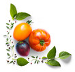 Collection of fresh organic tomatoes and basil herb leaves. mediterranean salad with basil herbs and tomatoes on a white table. PNG Food background design element with real transparent shadow on trans