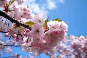 Poster - closeup of cherry blossoms against a blue sky background on a summer day