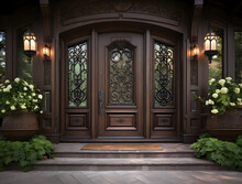 Photo Antique Vintage Decorative Wooden Door With Stained Glass In Front Of Home Generative Ai