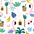 Seamless tropical pattern with flamingo, palm and tree summer elements. Vacation style vector texture.