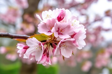 Poster - closeup of a pink cherry blossom flower on a tree branch in the park during spring