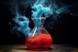 Chemical reaction in flask: red liquid, blue smoke. Generative AI