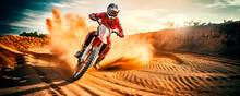Extreme Motocross MX Rider Riding On Sand Track , Desert On The Background.