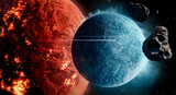 Fototapeta Kosmos - Gas giant planets in deep space and spaceships. 3d animation