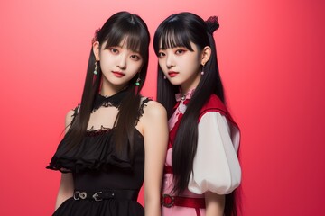 Portrait of two beautiful asian women in black dress on red background.Generative Ai