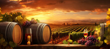 Glass Drink Wine Bottle Sunset Beverage Barrel Alcohol Grape Winery. Generative AI.