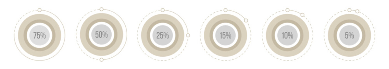 Wall Mural - set of circle percentage charts for infographics. 75 50 25 15 5 percent. circles. vector icons set. 