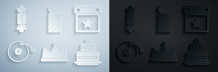 Wall Mural - Set Crown, Calendar party, Vinyl player with disk, Cake, Firework rocket and Candy icon. Vector