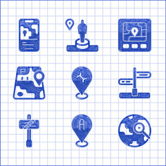 Sticker - Set Car service, Location, Magnifying glass with globe, Road traffic sign, City map navigation, Gps device and icon. Vector