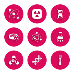 Poster - Set Atom, DNA symbol, Test tube, Ozone, with toxic liquid, Old hourglass and icon. Vector