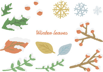 Wall Mural - Snow-capped winter plants and holly leaves decoration, hand drawn illustration set / 雪がかぶった冬の植物とヒイラギの葉の装飾、手描きのイラストセット