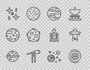 Poster - Set line Planet Venus, Black hole, Mars, Telescope, UFO abducts cow, Space and planet and icon. Vector