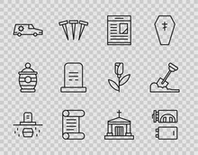 Set Line Grave With Coffin, Crematorium, Obituaries, Decree, Parchment, Scroll, Hearse Car, Tombstone, Old Crypt And Shovel The Ground Icon. Vector