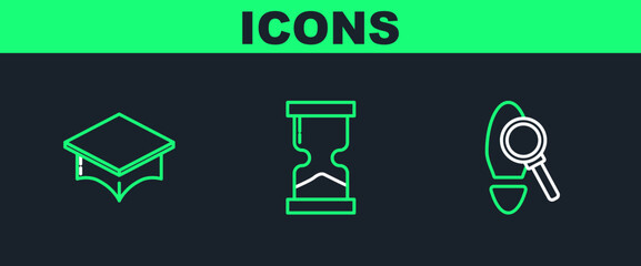 Poster - Set line Magnifying glass with footsteps, Graduation cap and Old hourglass icon. Vector