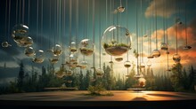 Create A Scene Of A Glass Globe Surrounded By A Symphony Of Wind Chimes, Representing The Gentle Sounds Of Wind Energy In Action