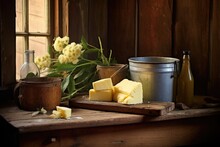 Freshly Churned Butter On Rustic Wooden Table