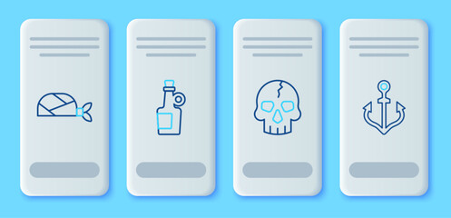 Wall Mural - Set line Alcohol drink Rum, Skull, Pirate bandana for head and Anchor icon. Vector