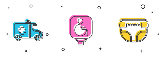 Poster - Set Emergency car, Disabled wheelchair and Adult diaper icon. Vector