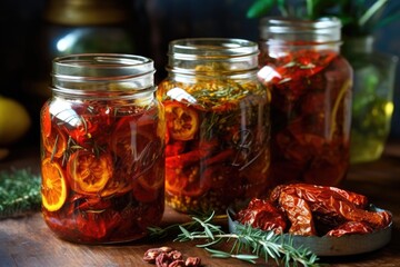 Canvas Print - sun-dried tomatoes in glass jars with herbs