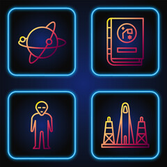 Poster - Set line Rocket launch from the spaceport, Alien, Satellites orbiting the planet Earth and Book by astronomy. Gradient color icons. Vector